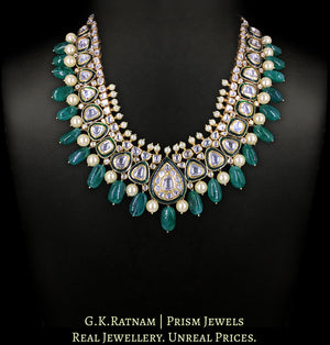 18k Gold and Diamond Polki Long Necklace Set with Green Beryls and Pearls