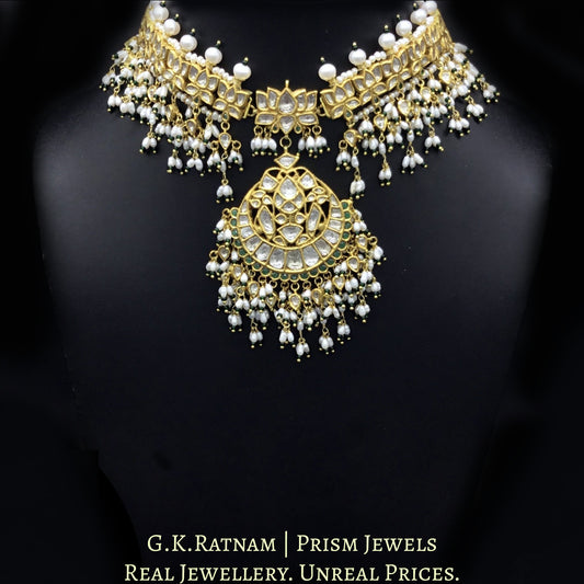 18k Gold and Diamond Polki Choker Necklace Set with Lotus Motifs enhanced in Natural Freshwater Rice Pearls - G. K. Ratnam