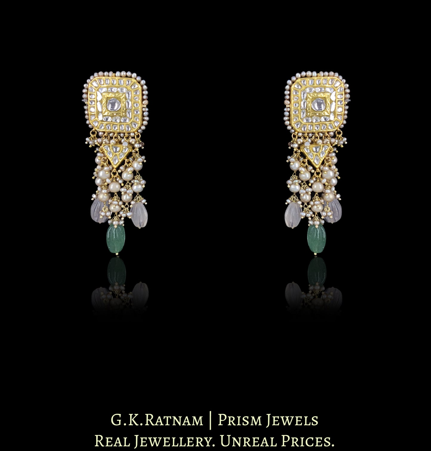 23k Gold and Diamond Polki Necklace Set strung with Antiqued Freshwater Pearls and Strawberry Quartz Melons