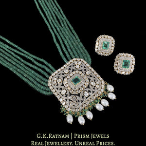18k Gold and Diamond Polki Open Setting Pendant Set strung in Natural Emerald Beads