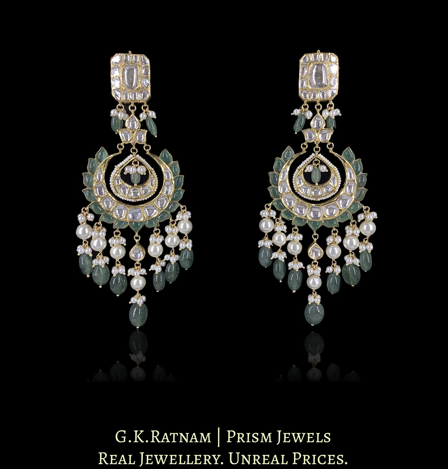 18k Gold and Diamond Polki Chand Bali Earring Pair with Green Strawberry Quartz