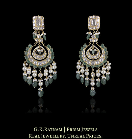 18k Gold and Diamond Polki Chand Bali Earring Pair with Green Strawberry Quartz