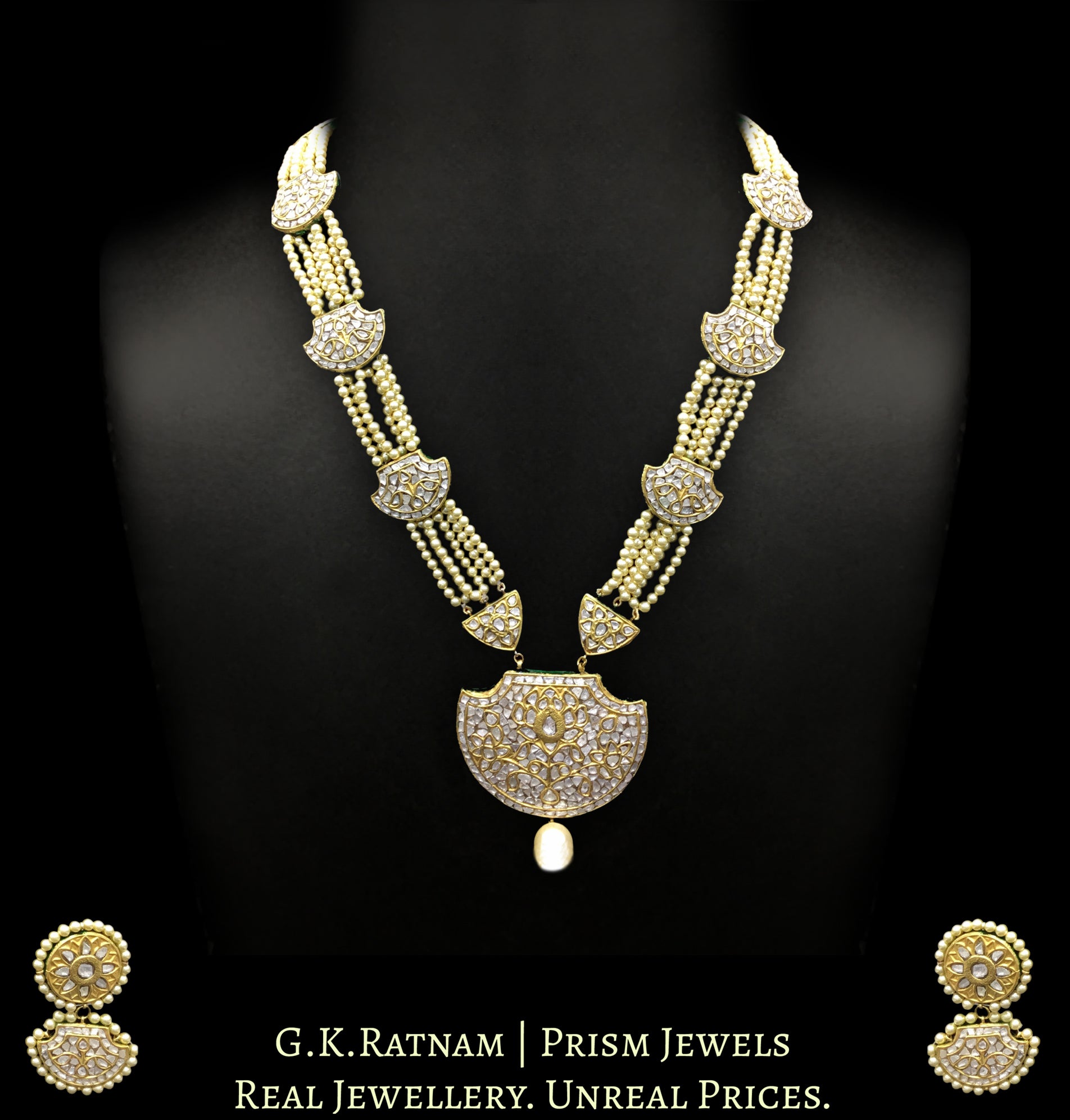 23k Gold and Diamond Polki Pankhi (fan) Pendant Set with Patrihaar / Ranihaar stringing - G. K. Ratnam