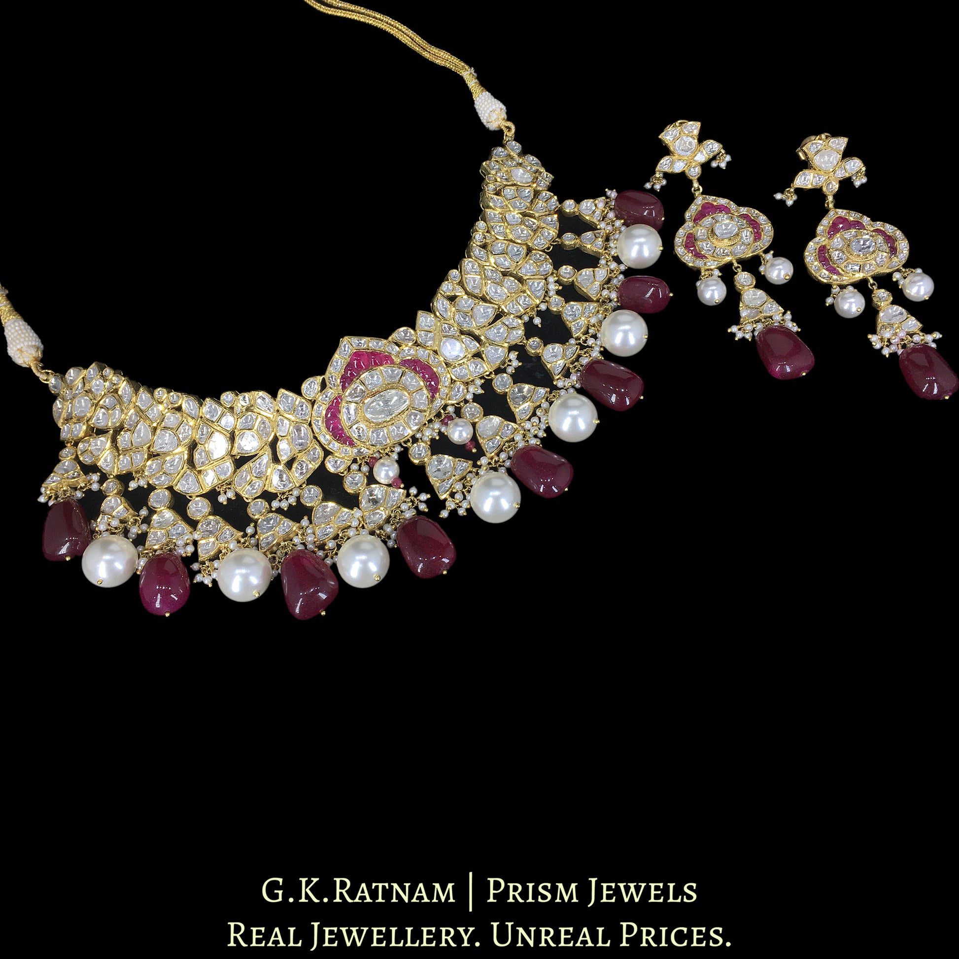18k Gold and Diamond Polki Choker Necklace Set with Rubies - G. K. Ratnam