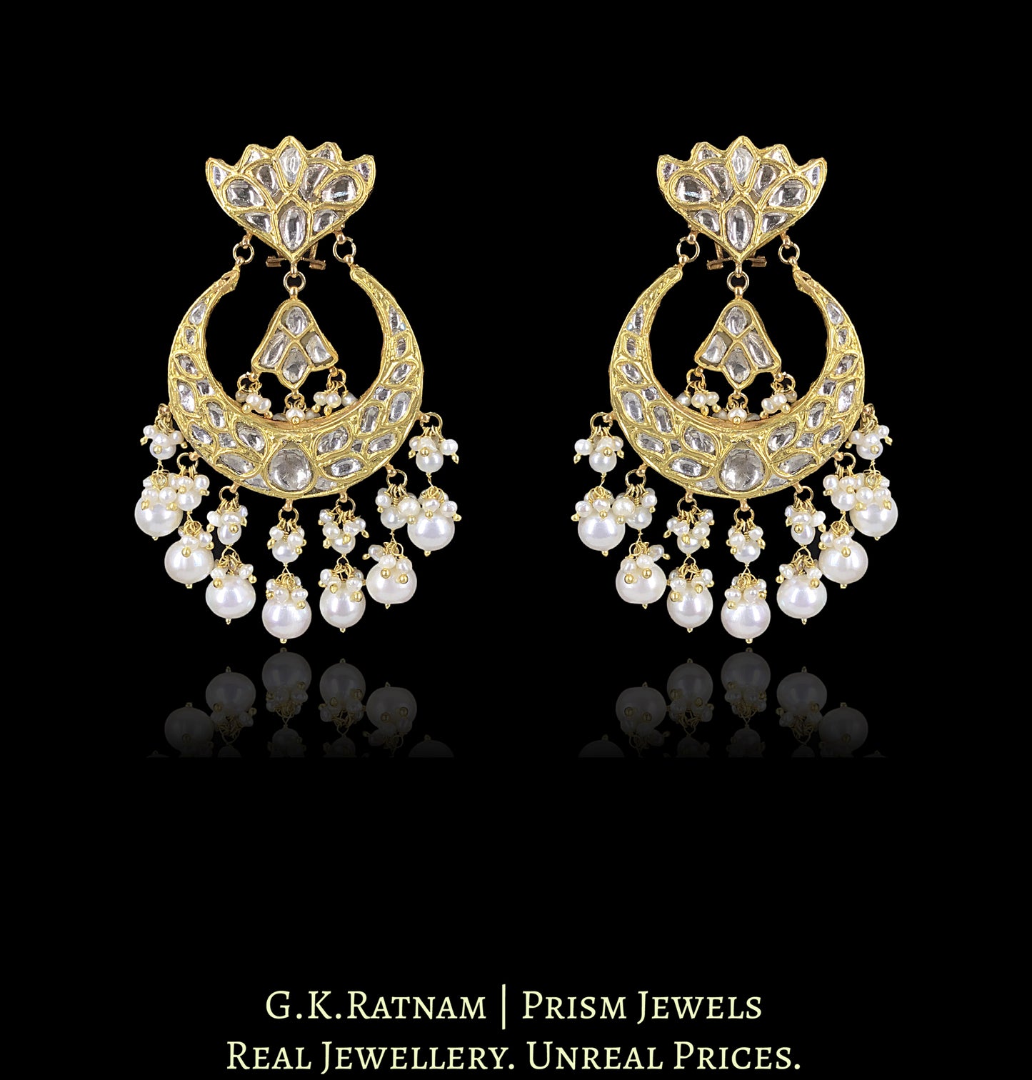 23k Gold and Diamond Chand Bali Earring Pair accentuated with Natural Hyderabadi Pearls