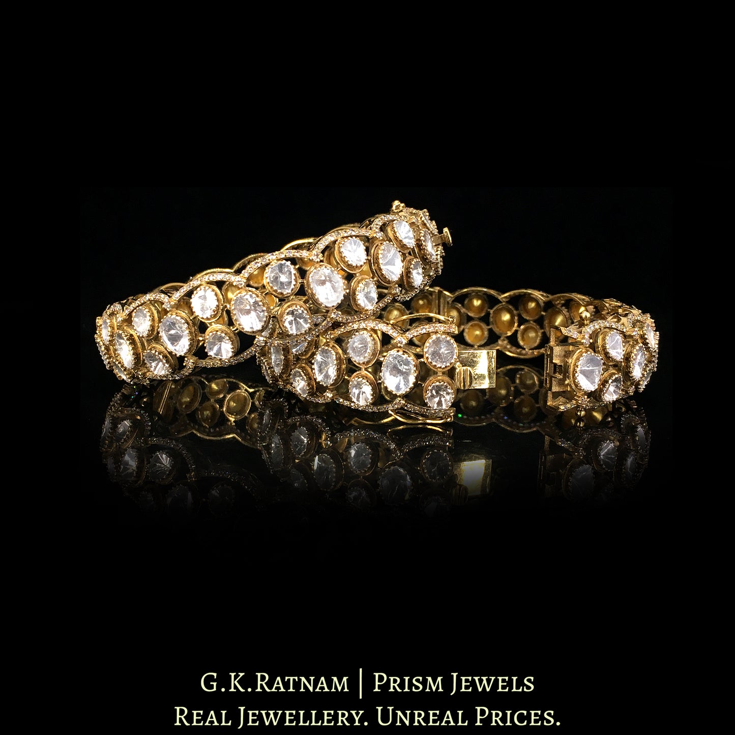 14k Gold and Diamond Polki Open Setting Bangle Pair in Antique Victorian Finish - G. K. Ratnam