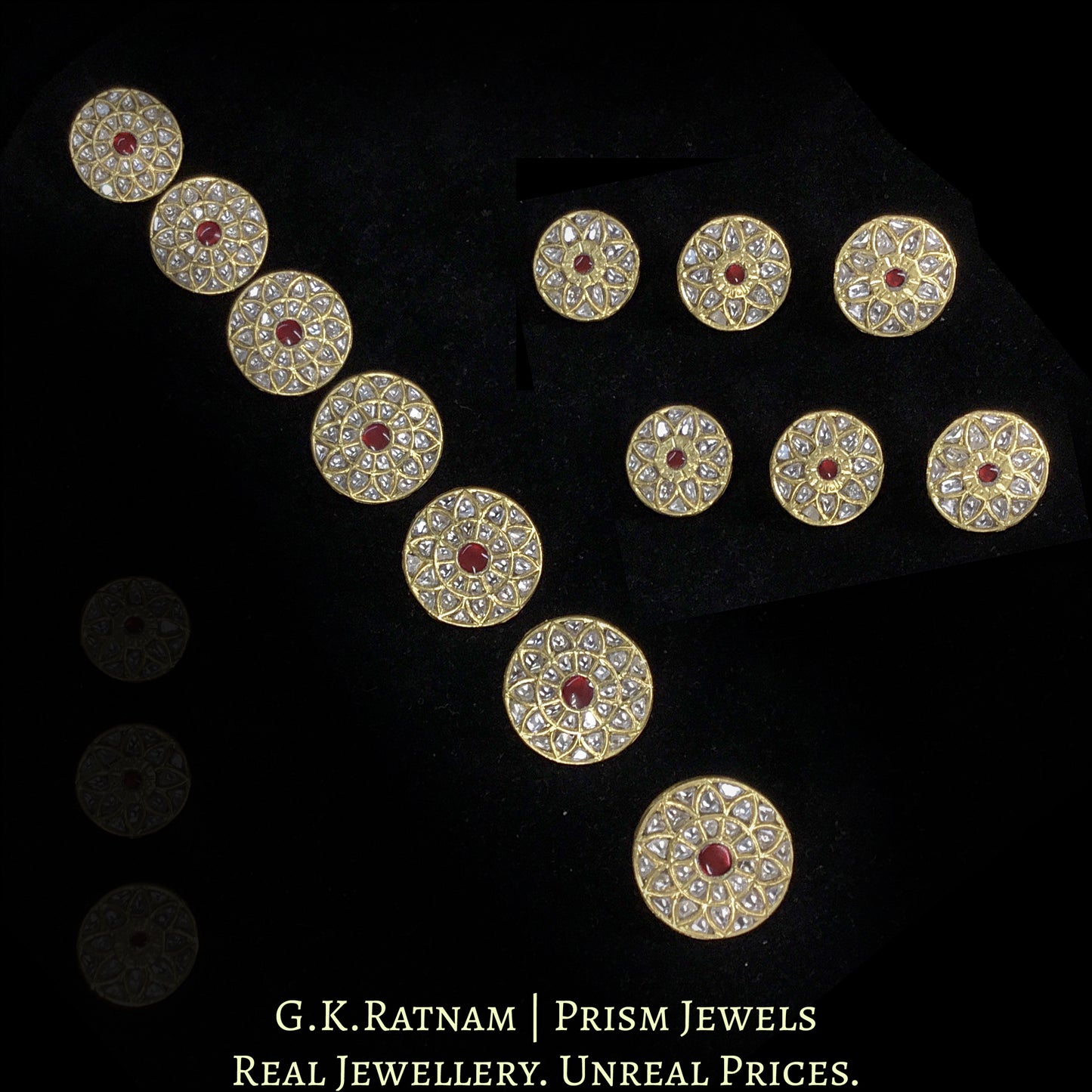 23k Gold and Diamond Polki Sherwani Buttons for Men with Ruby Center