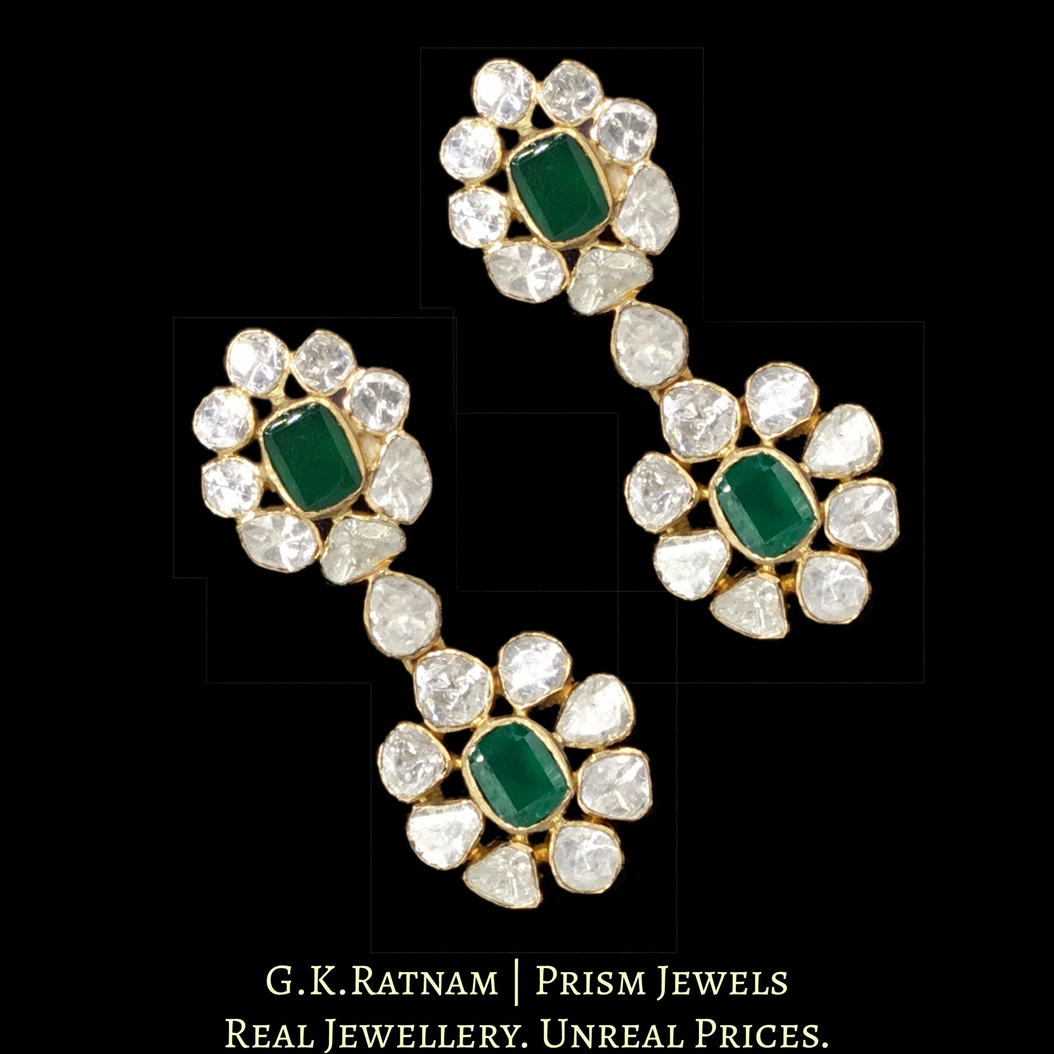 14k Gold and Diamond Polki Open Setting three-line Necklace Set with emerald-green stones