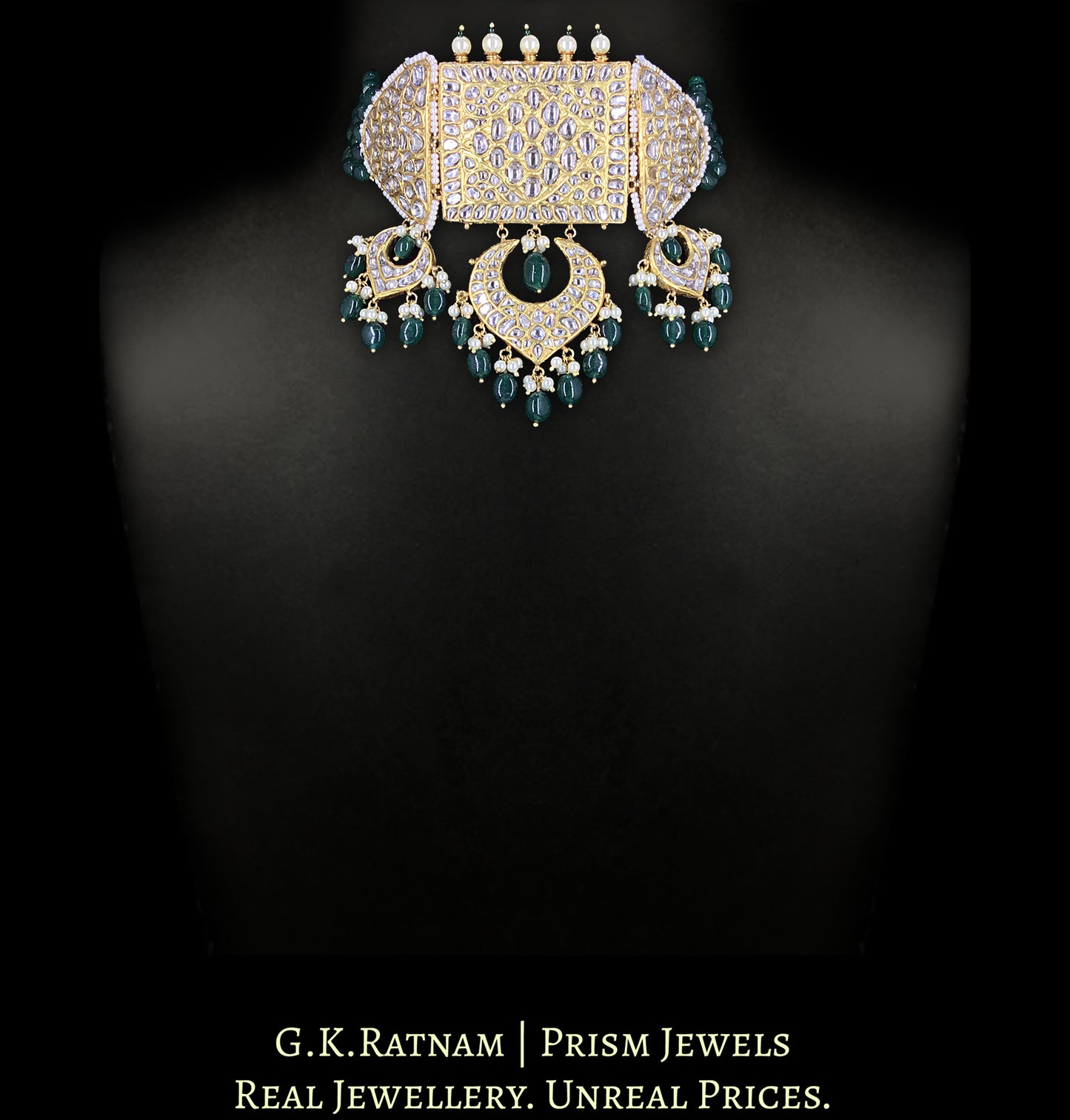 23k Gold and Diamod Polki Choker Necklace with emerald-green Strawberry Quartz