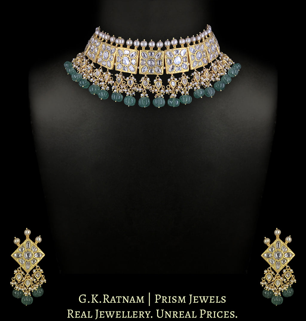 23k Gold and Diamond Polki Square Choker Necklace Set with Antiqued Hyderabadi Pearl Spikes