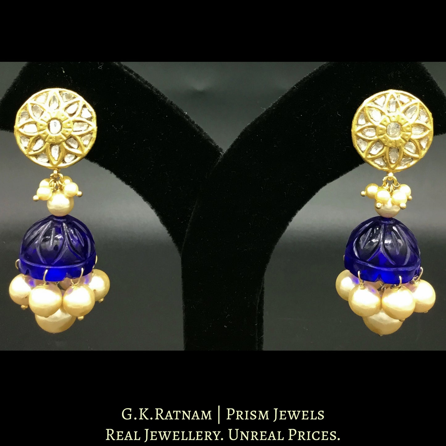 23k Gold and Diamond Polki Jhumki Earring Pair with royal blue glass jhumkas - G. K. Ratnam