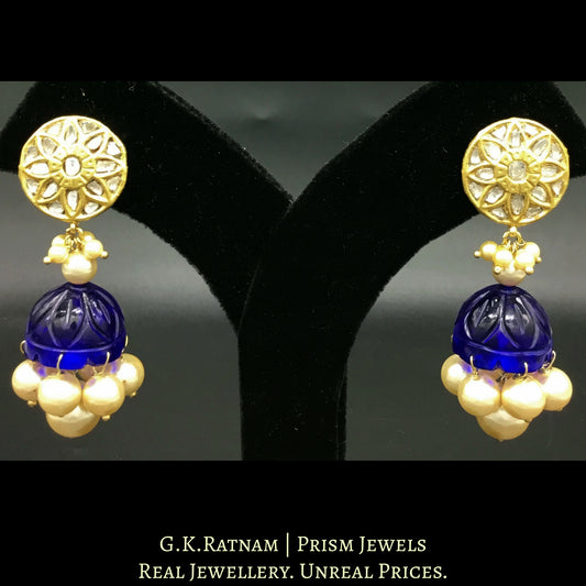 23k Gold and Diamond Polki Jhumki Earring Pair with royal blue glass jhumkas - G. K. Ratnam