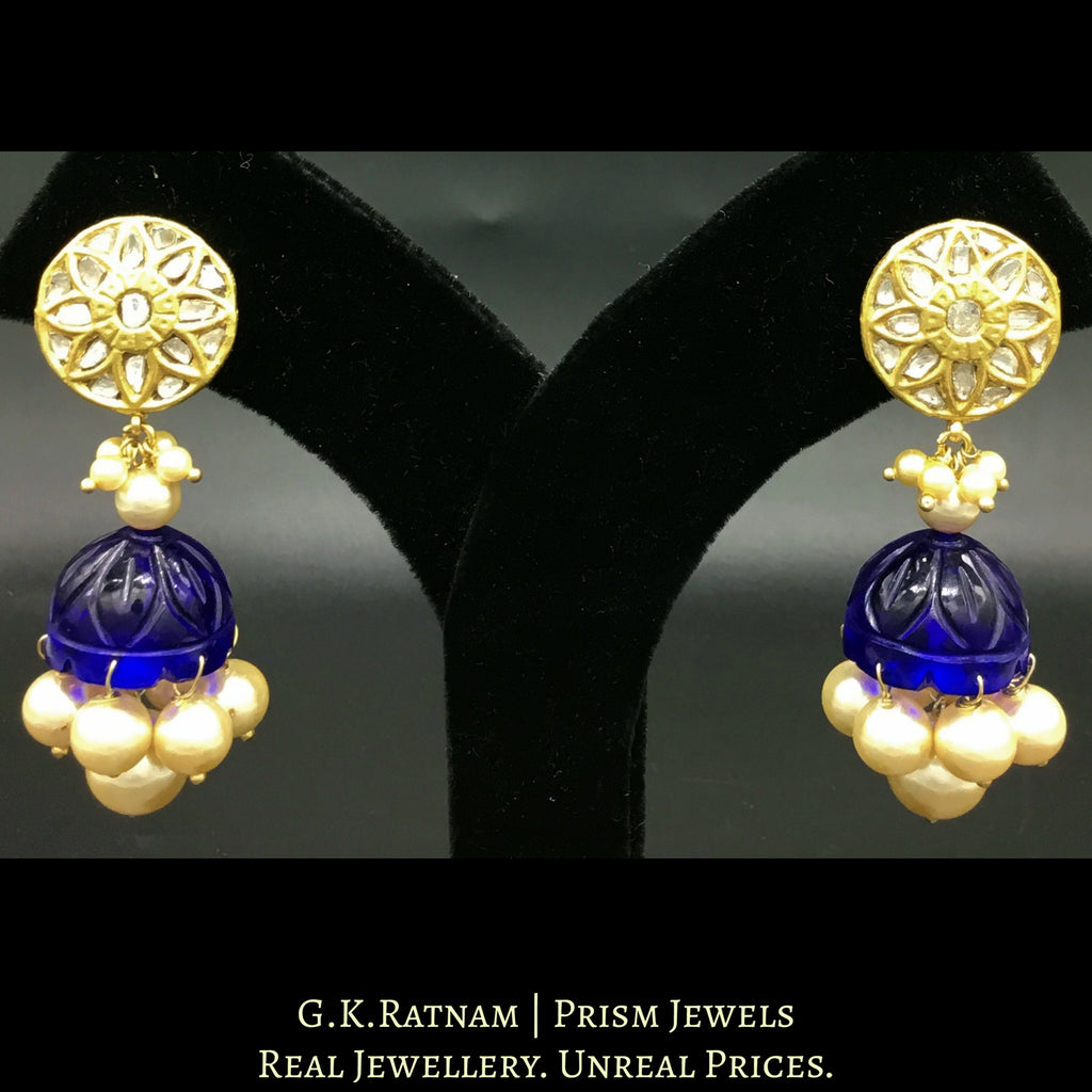 23k Gold and Diamond Polki Jhumki Earring Pair with royal blue glass jhumkas