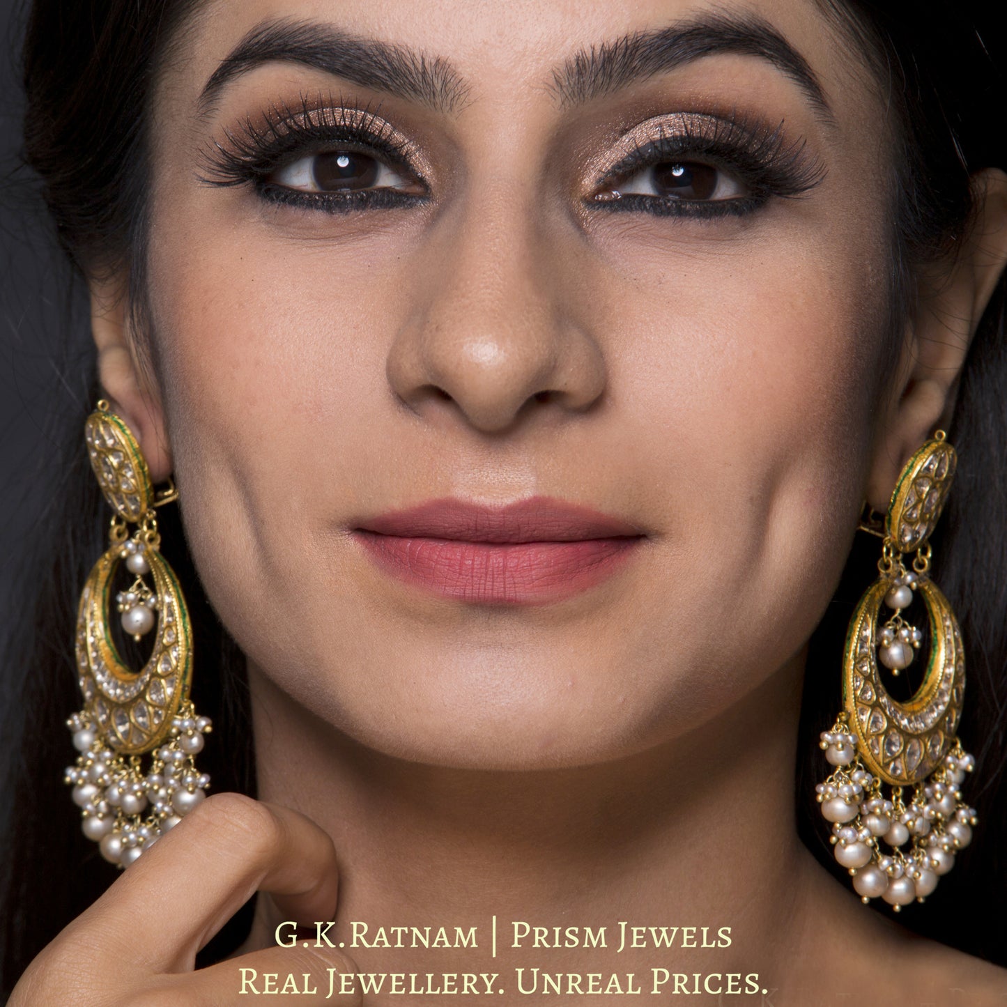 23k Gold and Diamond Polki Chand Bali Earring Pair with basra-grade natural freshwater pearls - G. K. Ratnam