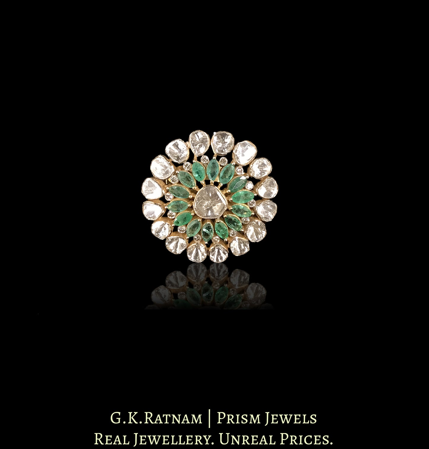 14k Gold and Diamond Polki Open Setting Ring With Natural Emerald Marquises