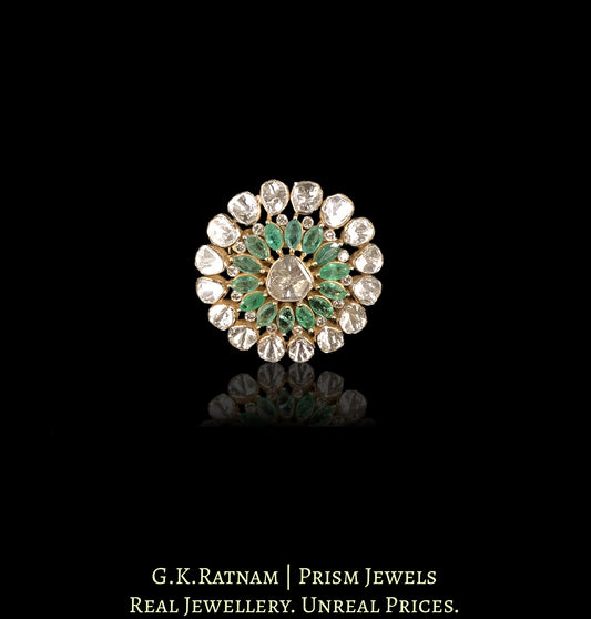 14k Gold and Diamond Polki Open Setting Ring With Natural Emerald Marquises