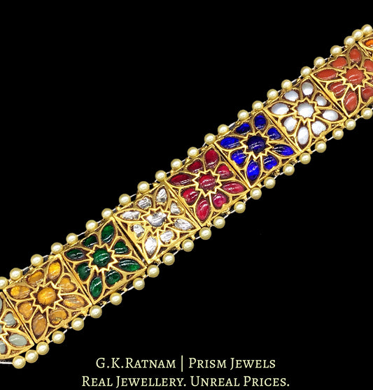 23k Gold and Diamond Polki Square Bracelet with Navratna Stones - G. K. Ratnam