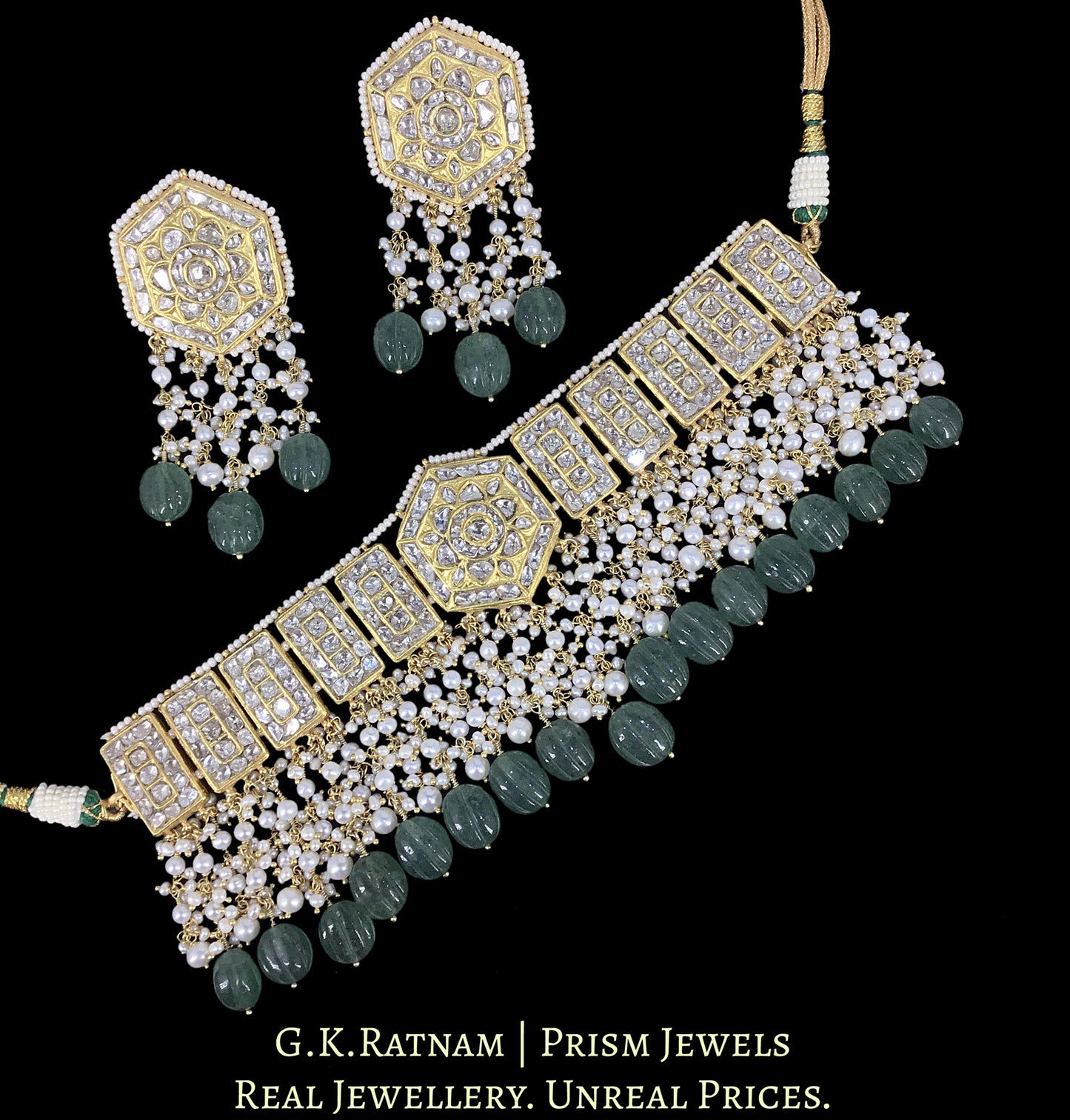 23k Gold and Diamond Polki Choker Necklace Set with Pearls and Strawberry Quartz Melons