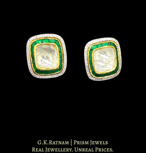 18k Gold and Diamond Polki Tops / Studs Earring Pair with big uncuts and emerald-green stones - G. K. Ratnam