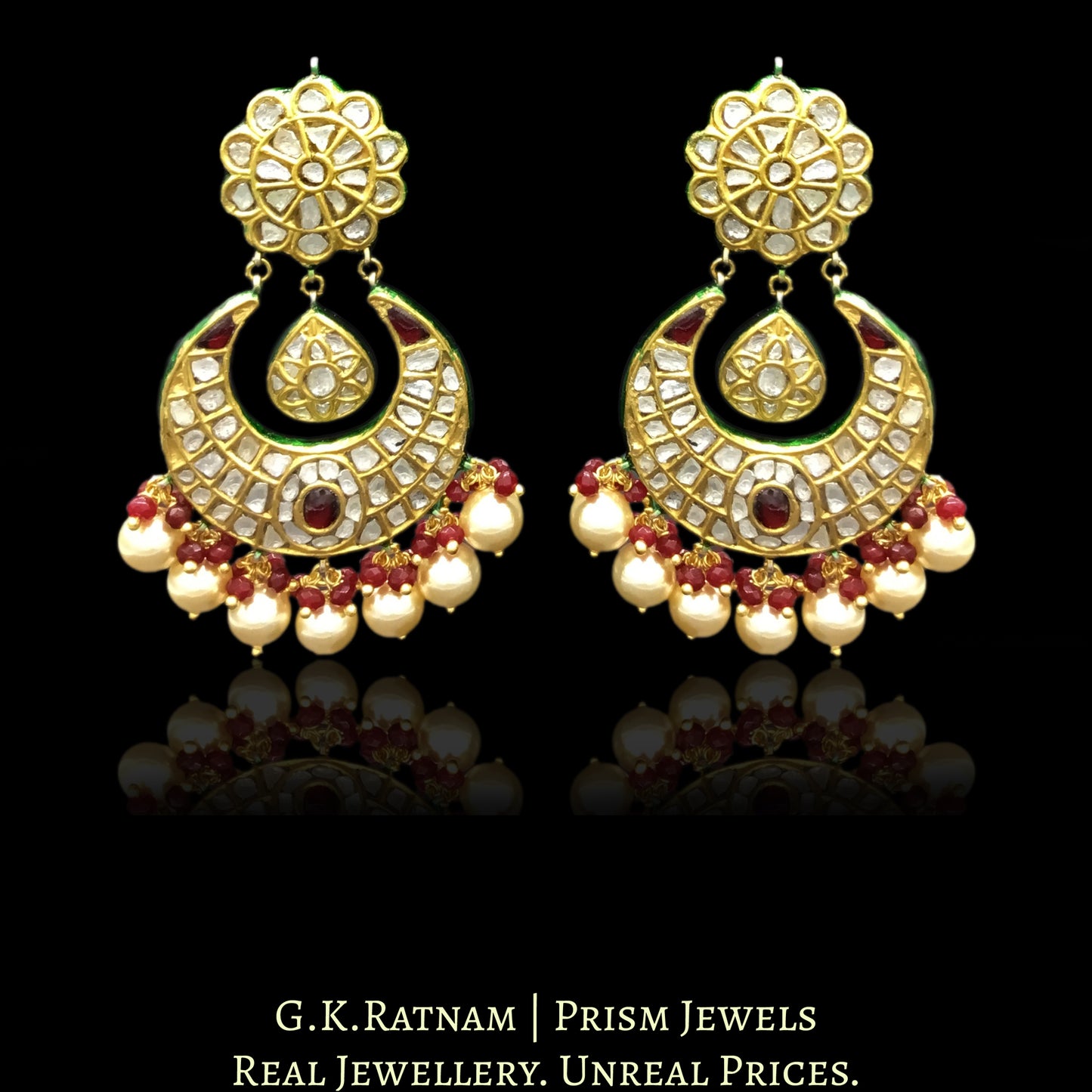 23k Gold and Diamond Polki Chand Bali Earring Pair with rubies and pearls - G. K. Ratnam