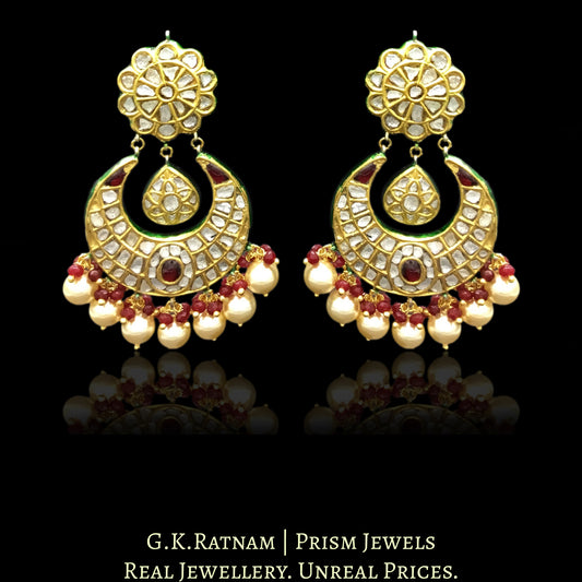 23k Gold and Diamond Polki Chand Bali Earring Pair with rubies and pearls - G. K. Ratnam