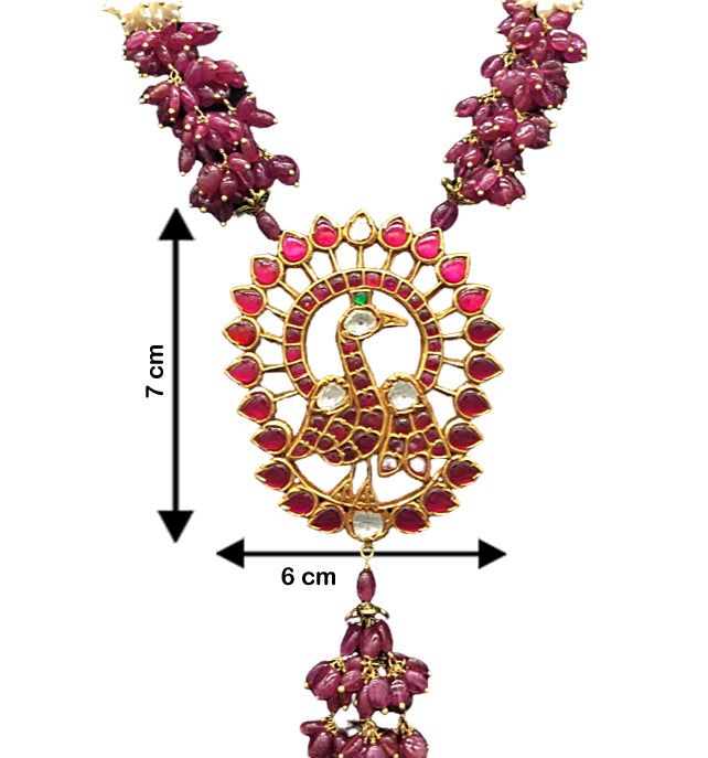 22k Gold and Diamond Polki south-style Peacock Pendant with Natural Rubies and Freshwater Pearls - G. K. Ratnam
