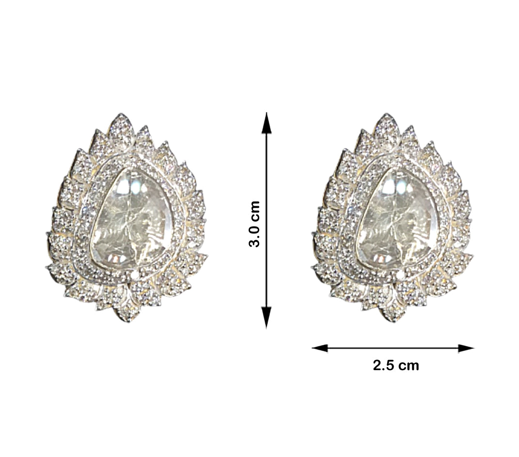 18k Gold and Diamond Polki Open Setting Tops / Studs Earring Pair with leafy diamond rim around large uncut diamonds