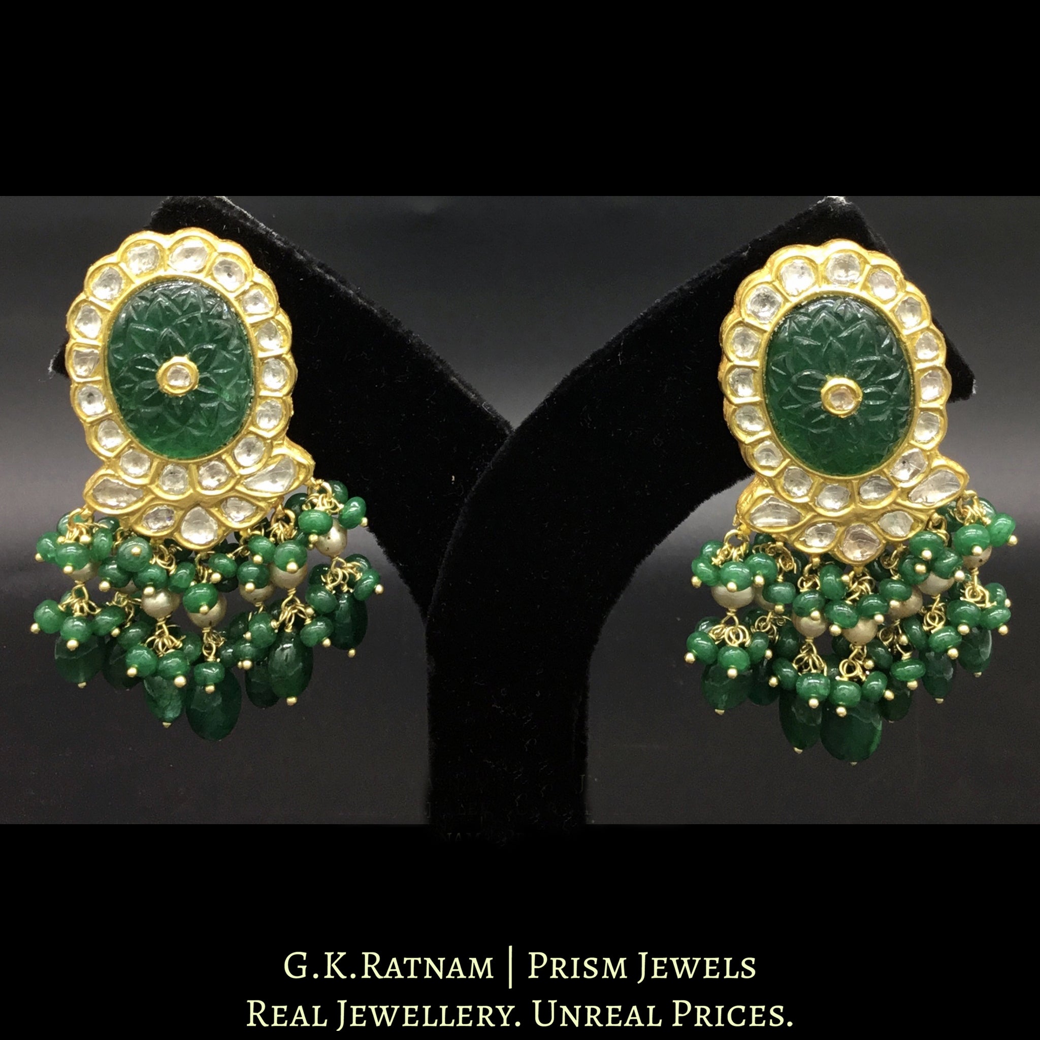 23k Gold and Diamond Polki Karanphool Earring Pair with an oval carved beryl at the center