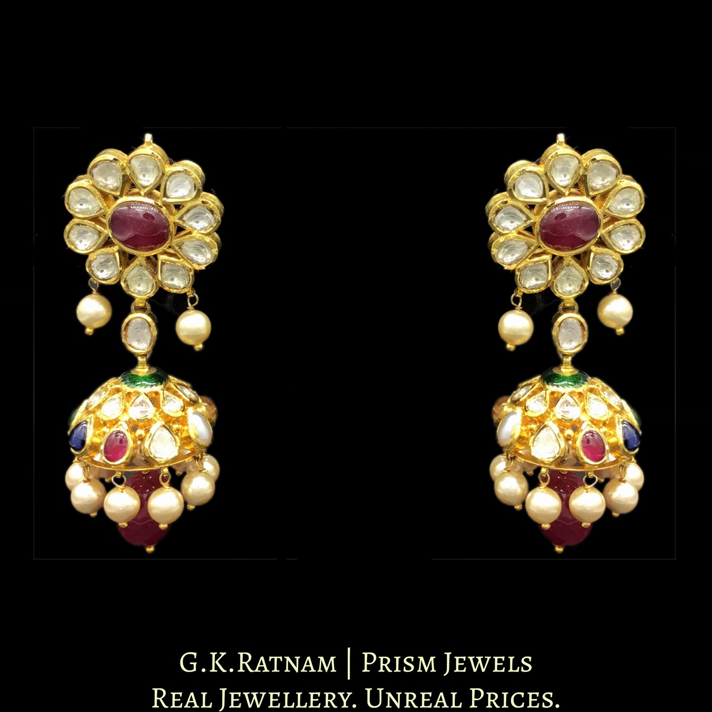 18k Gold and Diamond Polki Navratna Choker Necklace Set with uncut pear-shaped drops and color stone stringing