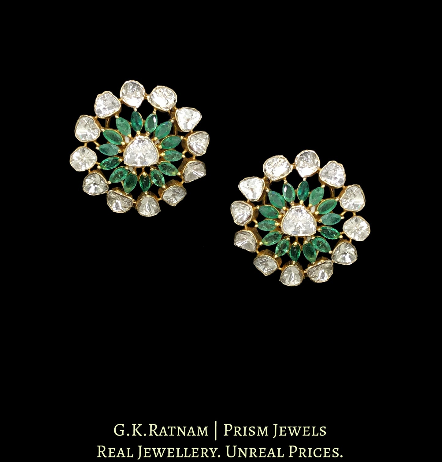 14k Gold and Diamond Polki Open Setting Karanphool Earring Pair with Natural Emerald Marquises - G. K. Ratnam