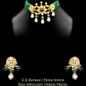 18k Gold and Diamond Polki Choker Necklace Set strung with emerald-grade green beryls - G. K. Ratnam