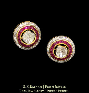 14k Gold and Diamond Polki Open Setting Tops / Studs Earring Pair with big uncuts encased in concentric ruby and diamond rims