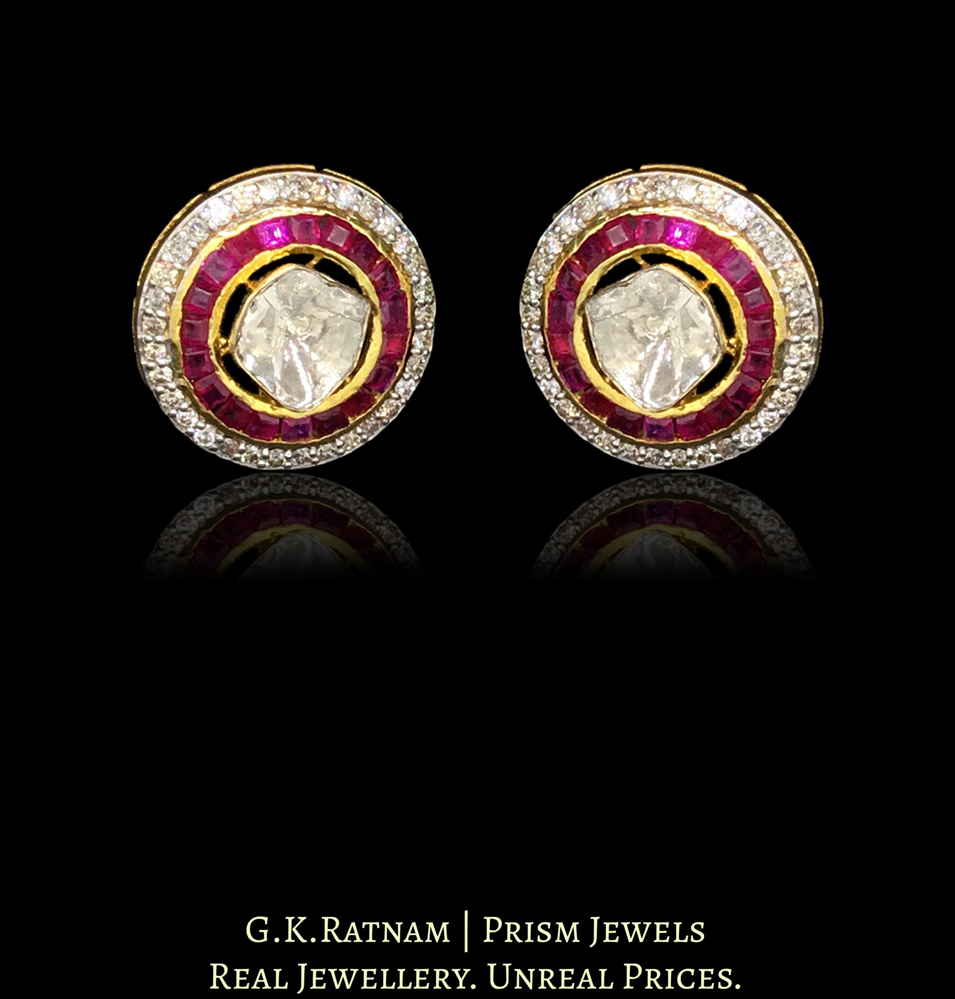 14k Gold and Diamond Polki Open Setting Tops / Studs Earring Pair with big uncuts encased in concentric ruby and diamond rims