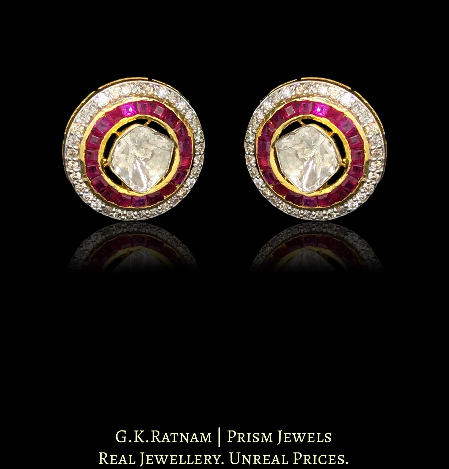 14k Gold and Diamond Polki Open Setting Tops / Studs Earring Pair with big uncuts encased in concentric ruby and diamond rims