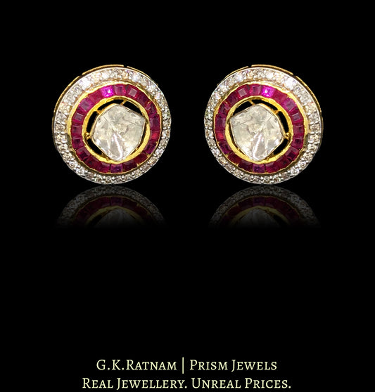 14k Gold and Diamond Polki Open Setting Tops / Studs Earring Pair with big uncuts encased in concentric ruby and diamond rims