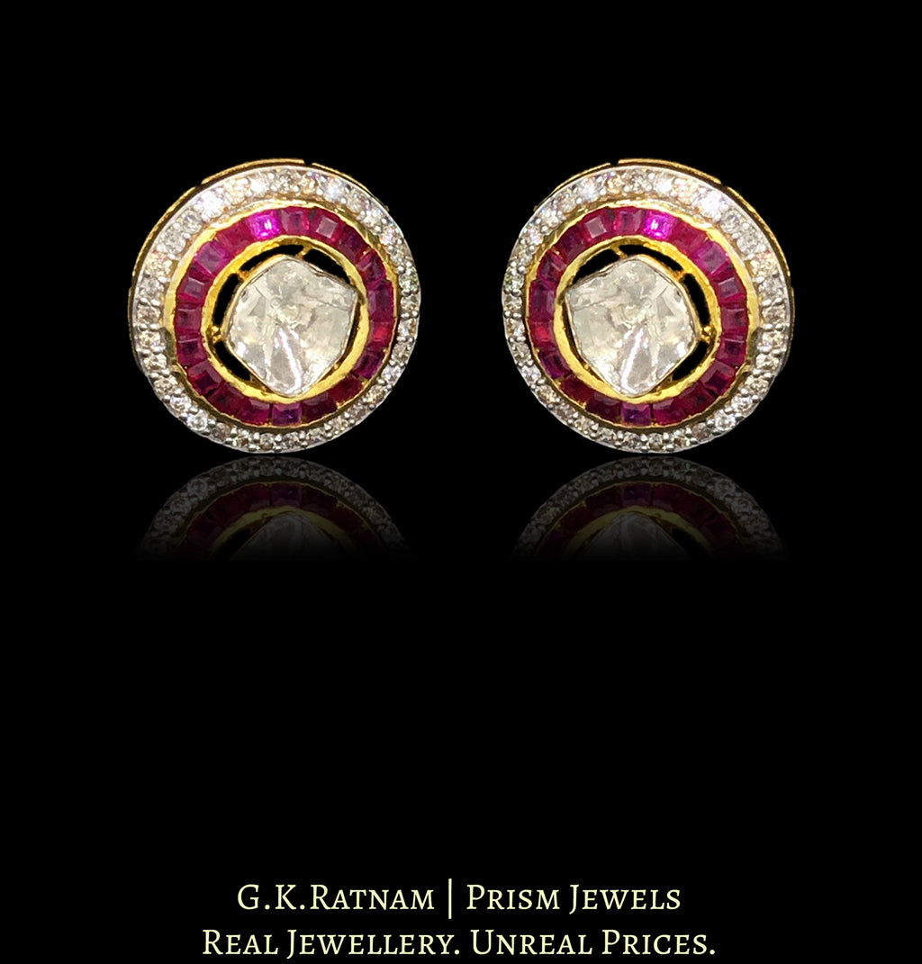 14k Gold and Diamond Polki Open Setting Tops / Studs Earring Pair with big uncuts encased in concentric ruby and diamond rims