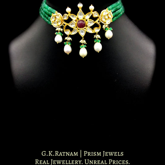 18k Gold and Diamond Polki Choker Necklace Set strung with emerald-grade green beryls - G. K. Ratnam