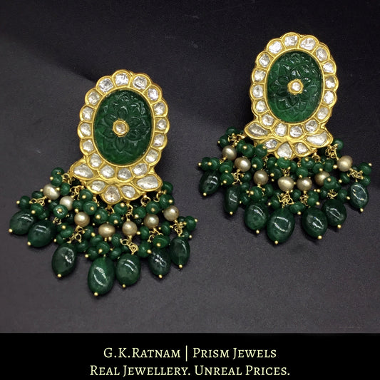 23k Gold and Diamond Polki Karanphool Earring Pair with an oval carved beryl at the center