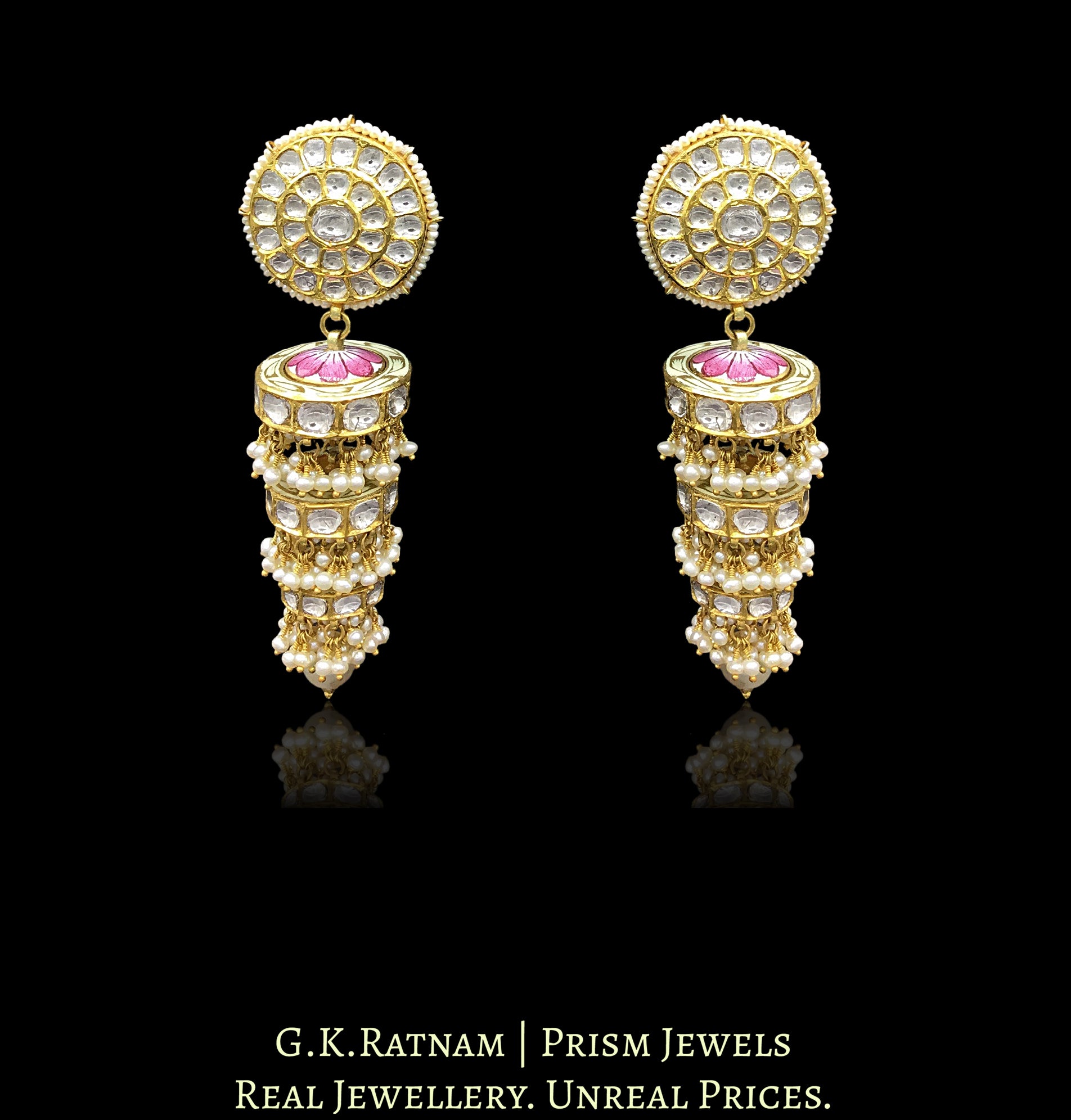 18k Gold and Diamond Polki Chandelier Earring Pair with disc-shaped rings