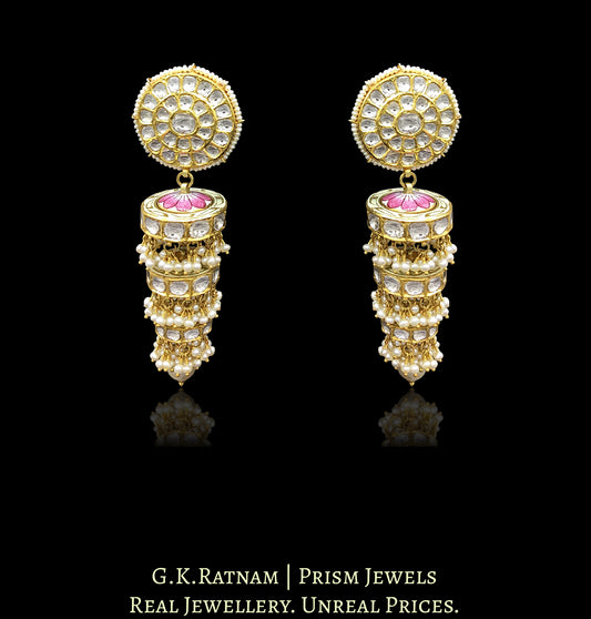 18k Gold and Diamond Polki Chandelier Earring Pair with disc-shaped rings