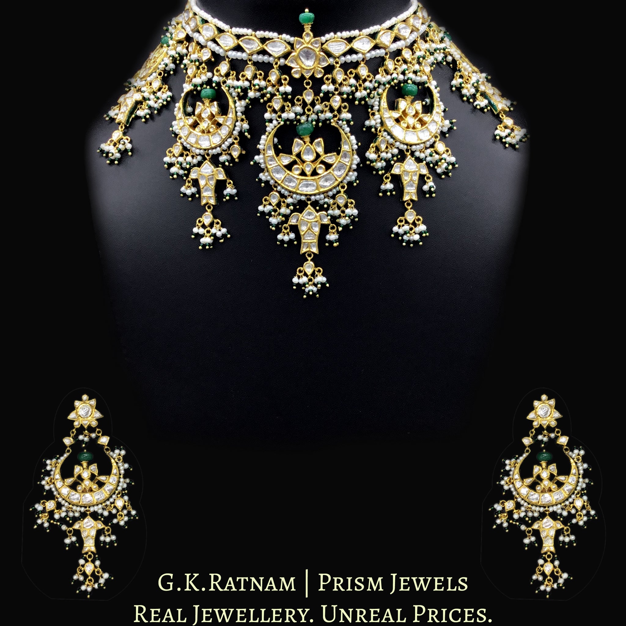 18k Gold and Diamond Polki Choker Necklace Set with multiple Chands & Fishes