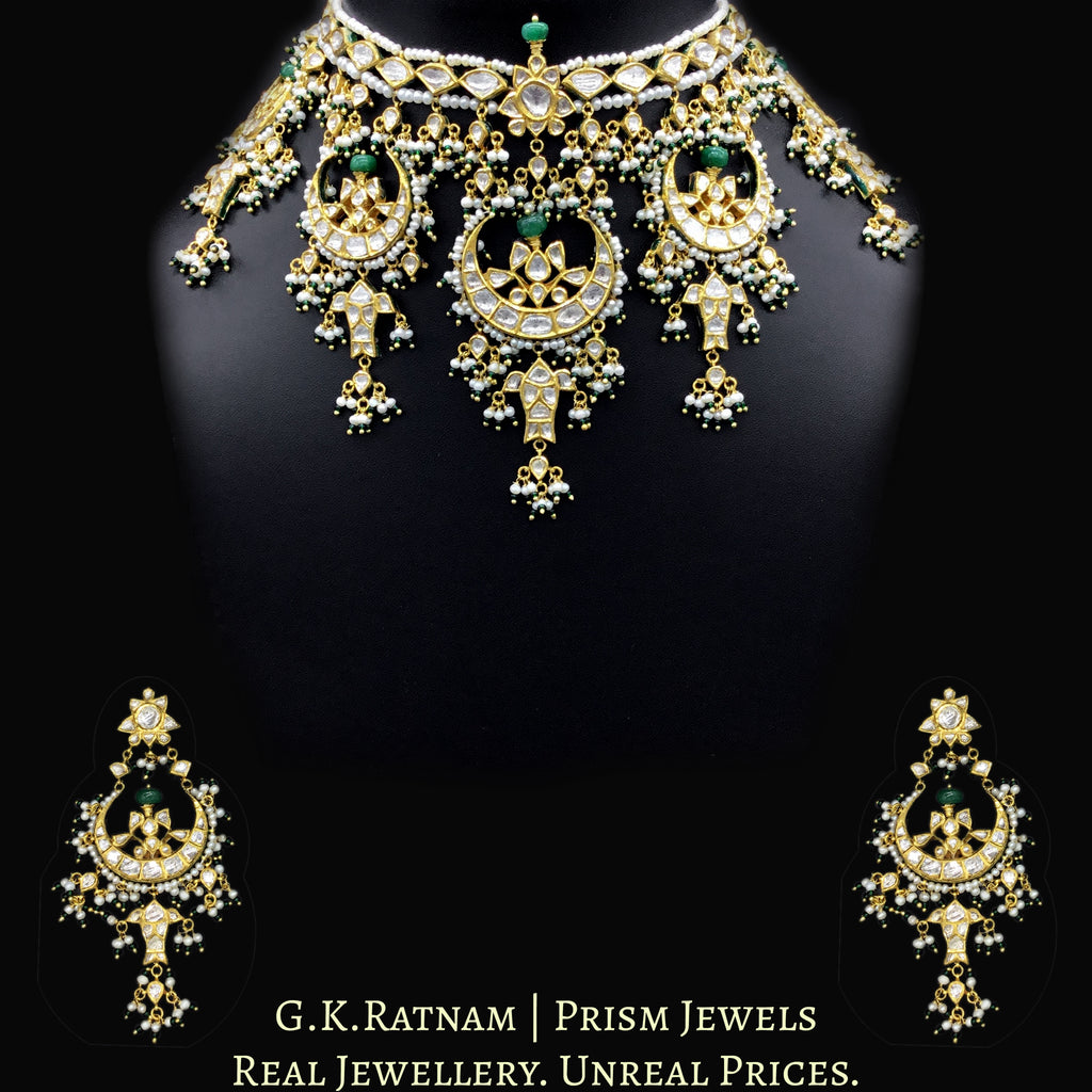 18k Gold and Diamond Polki Choker Necklace Set with multiple Chands & Fishes