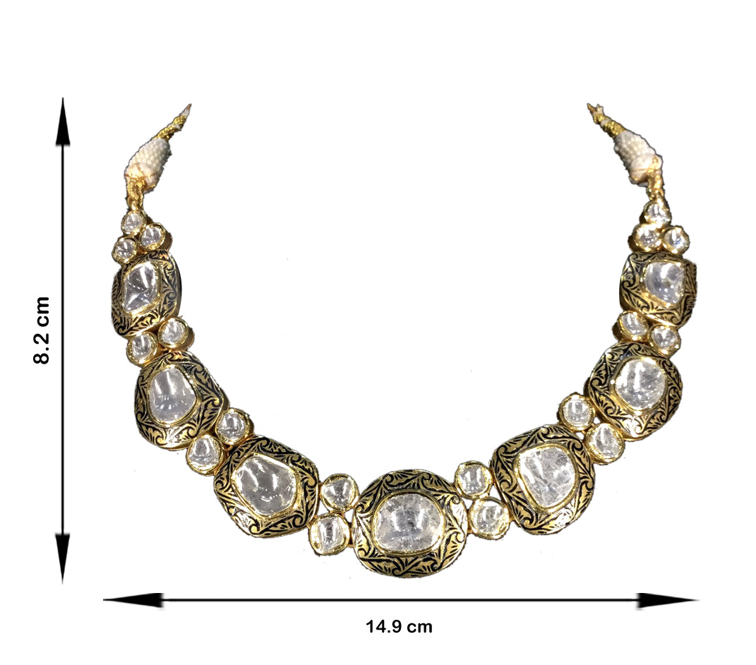18k Gold and Diamond Polki Necklace Set with Big Uncuts and Intricate Goldwork - G. K. Ratnam