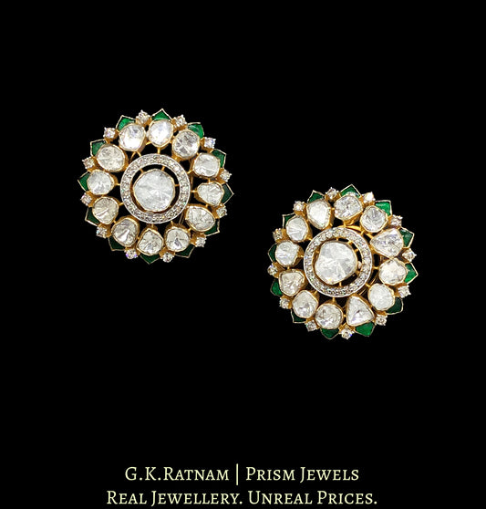 14k Gold and Diamond Polki Open Setting Karanphool Earring Pair with emerald-grade green stones
