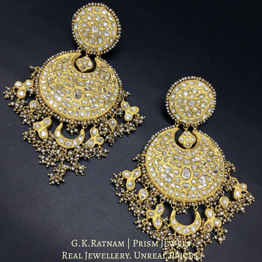 23k Gold and Diamond Polki Chand Bali Earring Pair with Antiqued Freshwater Pearls