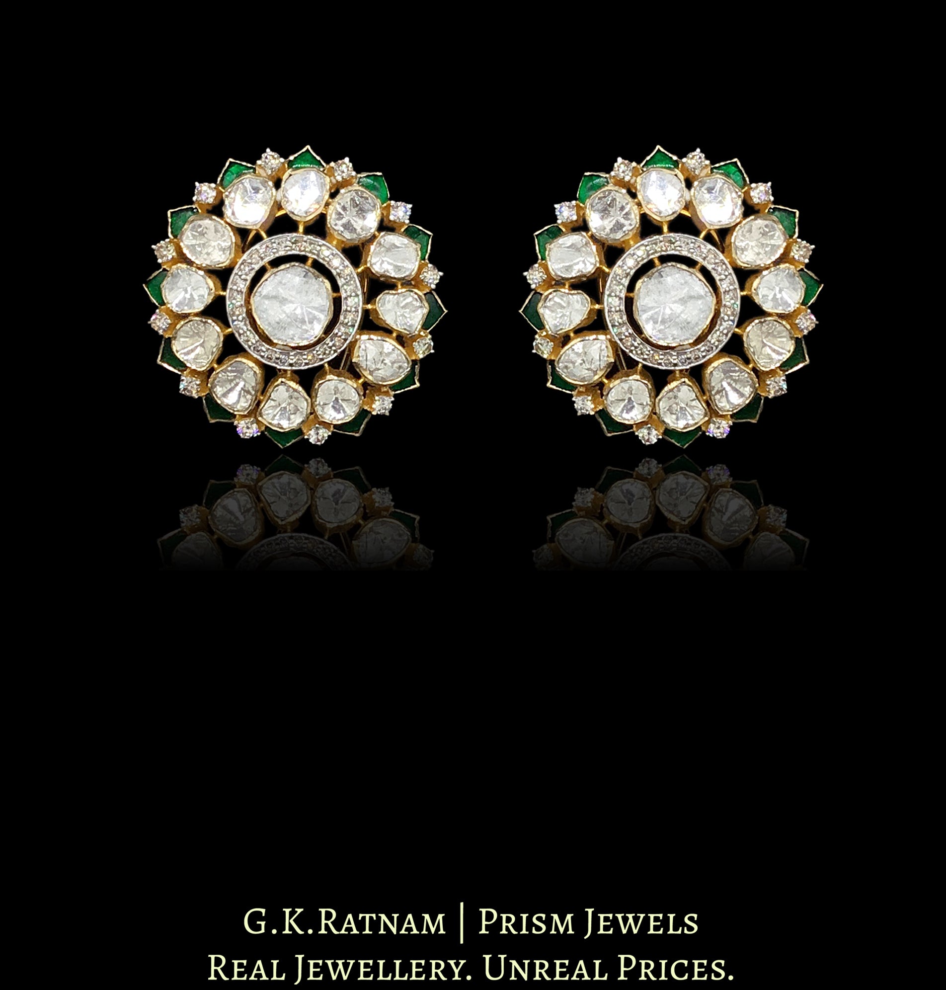 14k Gold and Diamond Polki Open Setting Karanphool Earring Pair with emerald-grade green stones