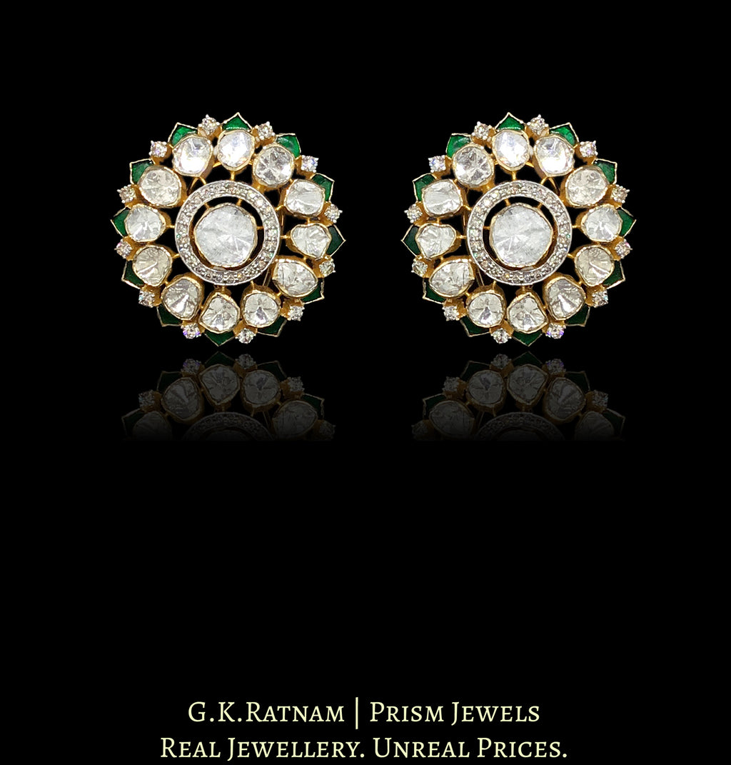 14k Gold and Diamond Polki Open Setting Karanphool Earring Pair with emerald-grade green stones