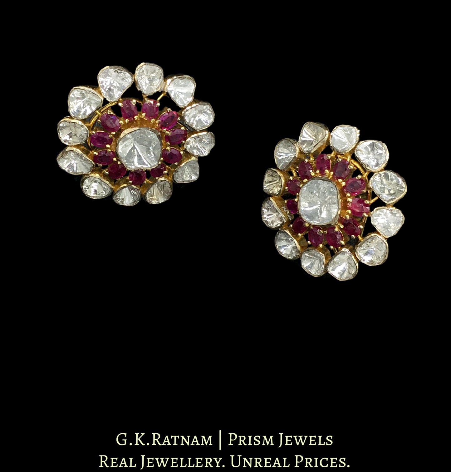 14k Gold and Diamond Polki Open Setting Karanphool Earring Pair with Rubies