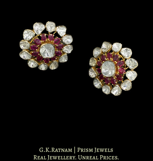 14k Gold and Diamond Polki Open Setting Karanphool Earring Pair with Rubies