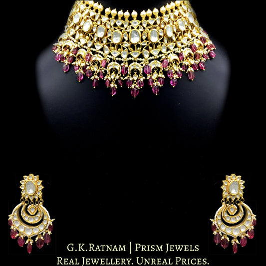 18k Gold and Diamond Polki Choker Necklace Set with inverted uncut crescents strung in Pink Tourmalines